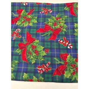 Christmas Plaid Cotton Fabric Holly Candy Cane Print 14"x40" Blue Red Green Fest